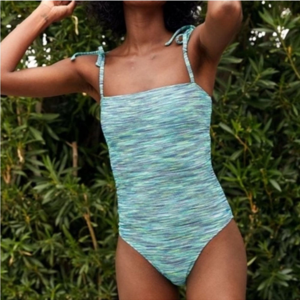 AERIE Blue and Green Cheeky One Piece Shoulder Tie Bathing Suit | XL